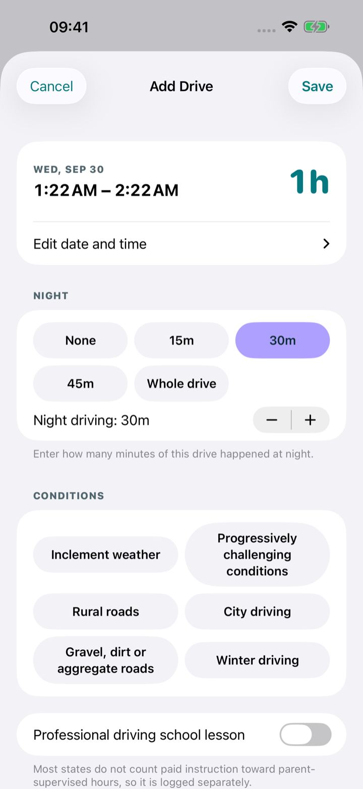 Add Drive screen with time, night-driving and road-condition controls