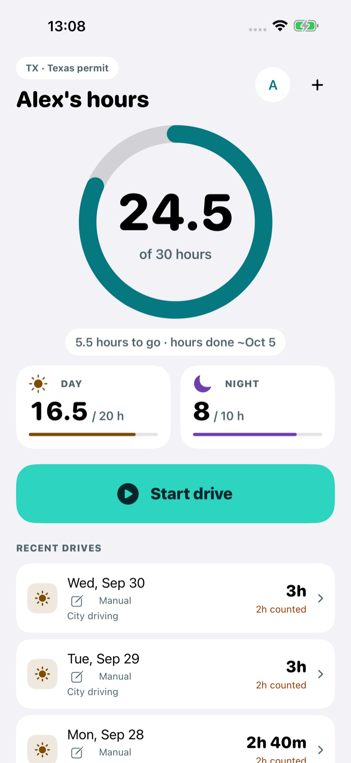 Driving Log dashboard showing a learner's supervised-driving progress
